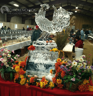 We were greeted by this beautiful, rooster ice sculpture, which became something of an altar to the Power of Poultry, as eggs laid throughout the show were placed reverently upon it.