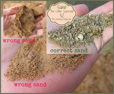 Washed, construction grade sand is a better litter choice for the coop and run than play sand. Manufactured sand should never be used as chicken litter.