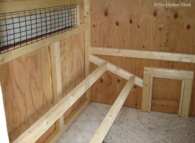 When reinstalling the roosts, my husband affixed joist hangers, which the 2-by-4s fit into, which made the roosts removable for cleaning. 