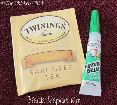 BEAK REPAIR SUPPLIES scissors superglue gel (gel is less apt to run, I wouldn't want to glue her tongue to her beak!) forceps or tweezers One tea bag (cut in a patch slightly larger than the area of the break) 2 towels