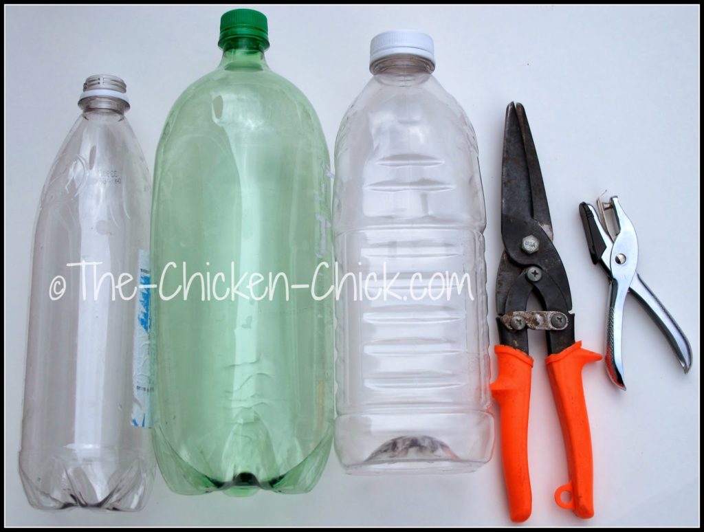 Using utility shears or a serrated knife, cut a clean plastic bottle in half. Smooth out any rough or sharp edges with shears. For chicks, it's best to cut each half even shorter so that they can reach the feed at the bottom of the bottle.
