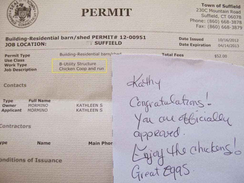 Permit for chicken coop with a lovely note from the town employee