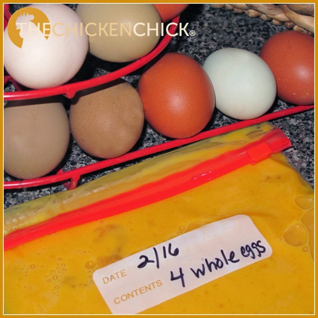 To remove frozen egg cubes from trays, run tepid water over the bottom of the ice cube tray. Place frozen eggs cubes or liquid eggs in zip top bags or freezer-safe containers in portioned amounts, noting date and contents.