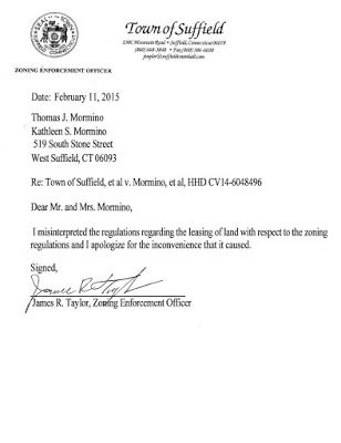 Apology letter from Suffield, Ct Zoning enforcement officer, James R. Taylor