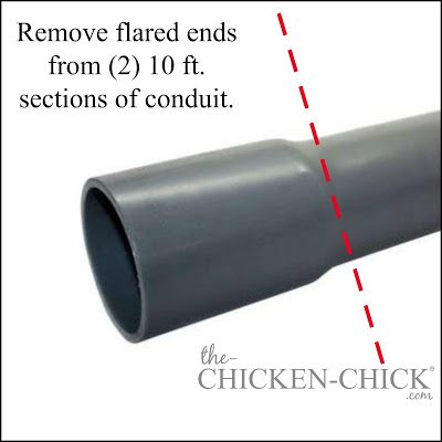 With saw or pipe cutter, remove the flared ends from each of (2) pieces of 10 ft conduit. (the cuts should be equal in length) Loosely attach a T-connector to each of the 4 ends.