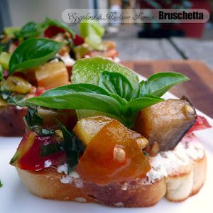 Eggplant, Goat Cheese & Tomato Bruschetta, shared by Sumptuous Spoonfuls